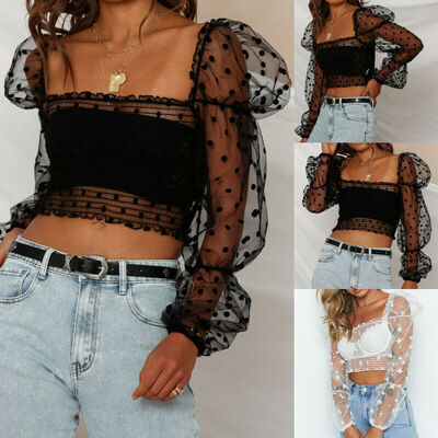 

Women Cropped Tops Sheer Tee Casual T-shirts Mesh Puff Sleeve Blouse Slim Fit