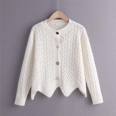 

Women Loose Knitted Cardigan Coat Cute Scalloped Hem Buttons Front O Neck Long Sleeves Cable Knitting Sweater Casual Coat