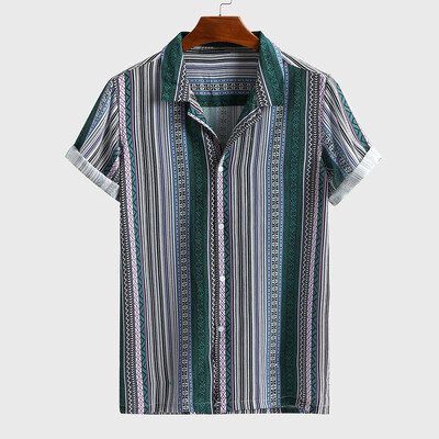 

Toponeto Mens Colorful Stripe Summer Short Sleeve Loose Buttons Casual Shirt Blouse