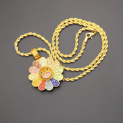 

Men Women Iced Out Gold Plated Diamond Sunflower Colorful Sunflower Rotating Hip Hop Pendant Necklace