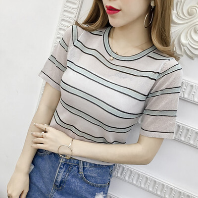 

Womens Casual O Neck Striped Short Sleeve Thin Perspective Knitted Pullover T-Shirt