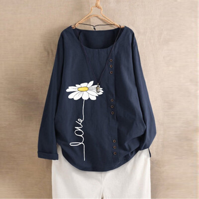 

Roseonmyhand Plus Size Women Long Sleeve Cotton Linen O-Neck Botton Blouse Top T-Shirt