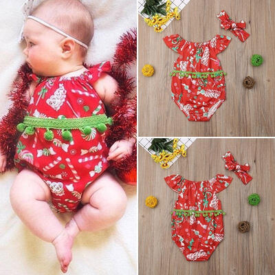 

Newborn Baby Girl Christmas Tassel Romper Bodysuit Headband Outfits Clothes
