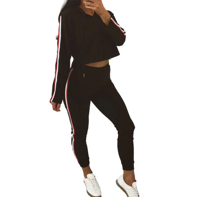 

Women Two Piece Set Tracksuit Hooded Drawstring Crop Top Sport Pants Side Stripes High Waist Casual Sweat Suit