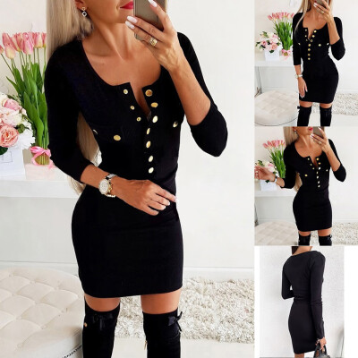 

Tailored Women Sexy Long Sleeve Solid O Neck Fitted Waist A-Shaped Button Mini Dress