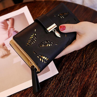 

LKX Women Wallet Pu Leather Purse Female Long Wallet Gold Hollow Leaves Pouch Handbag For Women Coin Purse Card Holders Clutch