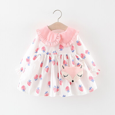 

New Autumn 2 Colors Casual Baby Girls Long Sleeve Strawberry Dress Kids Sundress With Animal Bag
