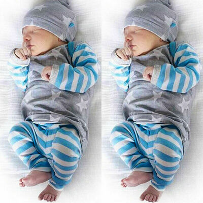 3PCS Baby Boys Girls Tops T-shirt Pants Leggings Hat Striped Outfits Set Clothes
