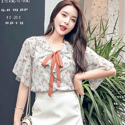 

Summer Sweet Womens Blouse Floral Print Bow Decoration Loose Chiffon Shirt Fashion Commuter Style Ruffle Sleeve Blouse