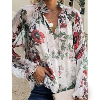 

Tailored Women Casual V-Neck Long Flare Sleeve Printed Chiffon Loose Pullover Top Blouse