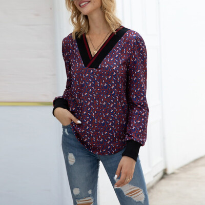 

Gobestart Women V Neck Long Sleeve Leopard Print Splice Sweatshirt Casual Blouse Tops