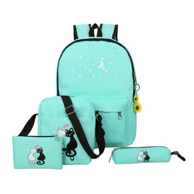 

4Pcs Women Backpacks Cute Cat Printing Canvas Backpacks Ladies School Bags