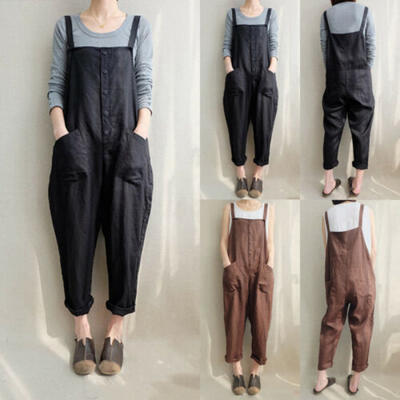 

AU Women Casual Cotton Bib Pants Jumpsuit Playsuit Dungarees Plus Size Overalls