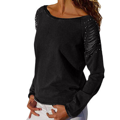 

Starmoon Womens Casual Strappy Cold Shoulder Long Sleeve Pearl Beaded T-Shirt Tops Blouse