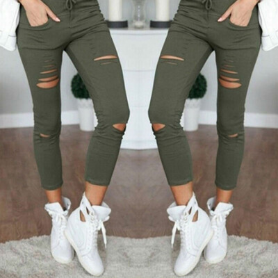 

Women Skinny Ripped Holes Jeans Nith Pants High Waist Stretch Pencil Trousers
