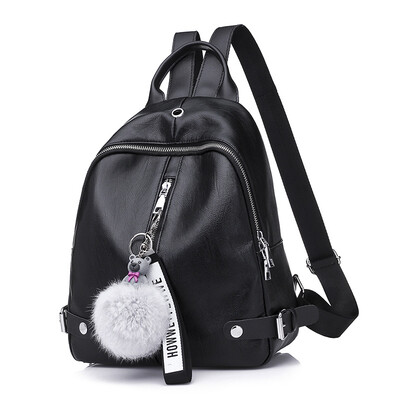 

New PU leather womens motorcycle bag fashion simple solid color Korean black solid color hair ball pendant