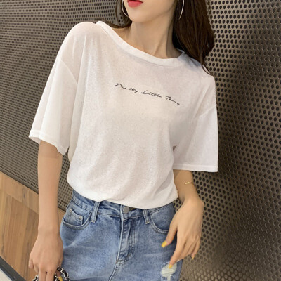 

Sexy T shirt Women Shiny Round Neck Letter Print Short Sleeve Loose Pullover Simple Backless T-Shirt camisetas verano mujer