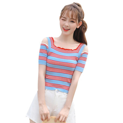 

Knit Striped Short Sleeve Square Neck Slim Fit T-shirt Women Summer Casual Tops