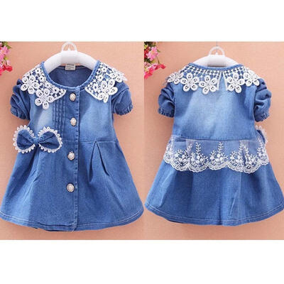 

2018 Lace Newborn Kids Baby Girls Princess Bowknot Denim Shirt Dress Clothes USA