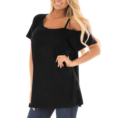 

Solid Color T-shirts Women Summer Sling Cold Shoulder Short Sleeve Tops