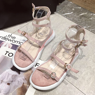 

Sandals Womens Summer Korean Version of 100 Sets of Black Thick Bottom Open-toed Roman One-word Buckle Flat-soled Roman Shoes