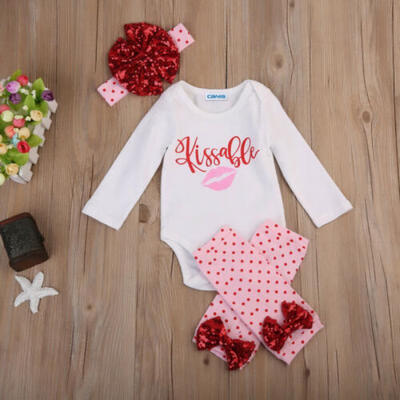 

4Pcs Newborn Baby Girl Kissable Valentine Top Romper Pants Outfits Clothes Set
