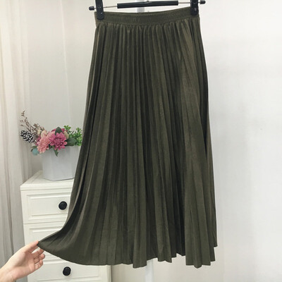 

Autumn Winter Women Pleated Skirt Elastic High Waist Long Skirts Casual Vintage A-line Suede Party Skirt Ladies Black Pink