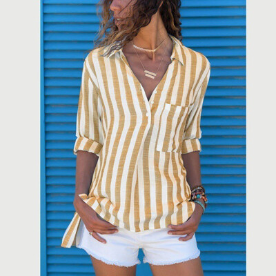 

Womens Loose T-shirt Tops Striped V-neck Long Sleeve Pocket Casual Button Shirt