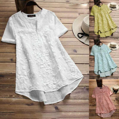 

Womens V Neck Short Sleeve Floral Loose Tops Casual Plain Tee Shirt Blouse