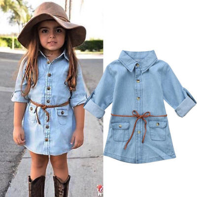 

Toddler Baby Kids Girl Denim Short Mini Dress Jean Long Sleeve Casual Party Shirt Dress