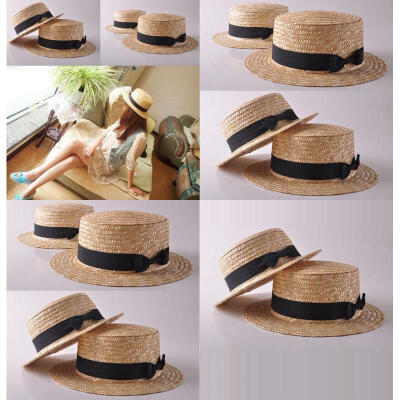 

STOCK Cute Bow Womens Wheat Straw Flat Hat Cap Boater Sun Beach Handmade Hat