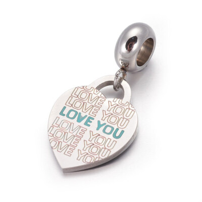 

304 Stainless Steel European Dangle Beads with Enamel Large Hole Pendants Heart with Word Love You Stainless Steel Color