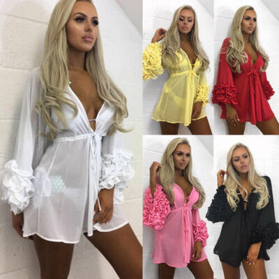 

Women Floral Fringed Swimwear Beach Bikini Cover Up Dress Kaftan Kimono Bathing