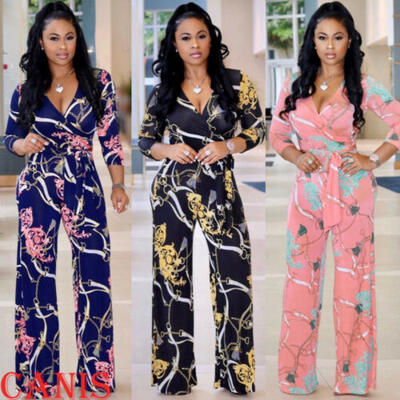 

Womens Clubwear Playsuit Bodysuit Party Jumpsuit Romper Floral Long Trousers US