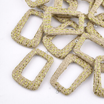 

Handmade Raffia Woven Pendants with Iron & Aluminum Findings&Metallic Cord Trapezoid Platinum DarkKhaki 44x305x4mm Hole