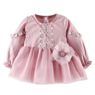 

Autumn Casual Baby Girls Embroidery Floral Print Long Sleeve Dress Kids Toddler Mesh Sundress With Bag