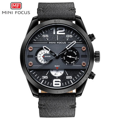 

MINI FOCUS Sports Men Watches Fashion Military Waterproof Quartz Wristwatch 24 Hour Clock With Leather Strap MF0068G