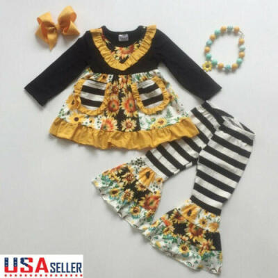 

2PCS Toddler Baby Girl Winter Clothes Sunflower Tops Dress Striped Pants Outfits