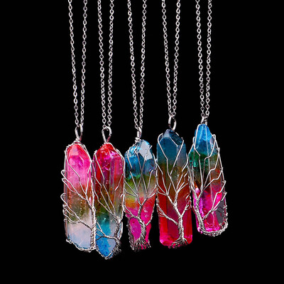 

Gemstone Crystal Tree Life Hexagon Rainbow Stone Pendant Necklace for Women Men