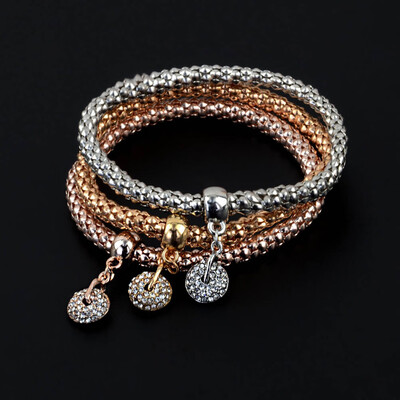 

Hot European Fashion Women 3Pcs Gold Silver Rose Gold Chain Bracelets Set Rhinestone Bangle Pendant Bracelet Jewelry