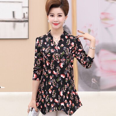 

Yu Zhaolin 2019 new middle-aged womens large size shirt bottoming shirt mother loaded loose long-sleeved T-shirt YWMM191368 Pink flower XL