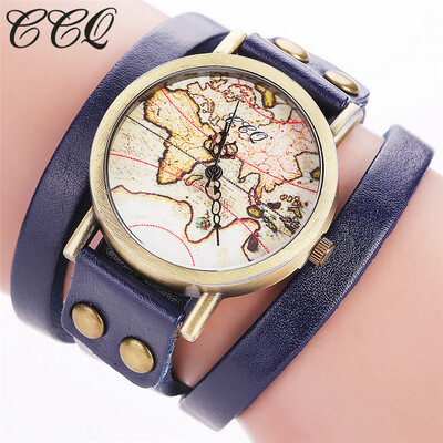 

CCQ Brand Fashion Vintage Leather Bracelcet Wrist Watch Casual World Map Pattern Women Quartz Watch Relogio Feminino 533