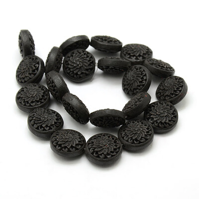 

Chinoiserie Jewelry Making Cinnabar Carved Flower Flat Round Cameo Beads Strands Black 195x10mm Hole 2mm about 161" 21pcs