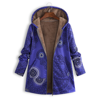 

Womens Warm Hoodie Hooded Coat Zip Up Print Jacket Long Sleeve Plush Outwear