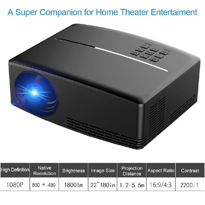 

GP80 Projector 1080P Full Color 180" LED Projector 1800 Lumens 800 480 Pixel 22001 Contrast Ratio with HD-IN VGA AV USB Remote