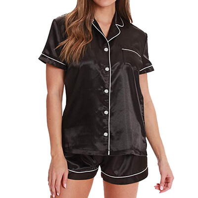 

Toponeto Women Summer Home Button Down Solid Satin Pajama Short Sleeve Set Sleepwear PJs
