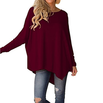 

Nomeni Women Long Sleeve O-neck Pure Color Batwing Sleeve Irregular Hem Blouse Tops