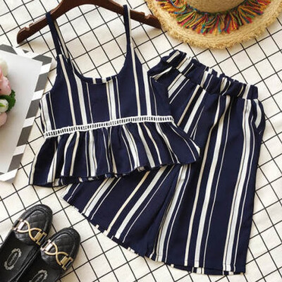 

Kids Baby Girls 2Pcs Striped Outfits Suspender Skirt Tops Pants Clothes