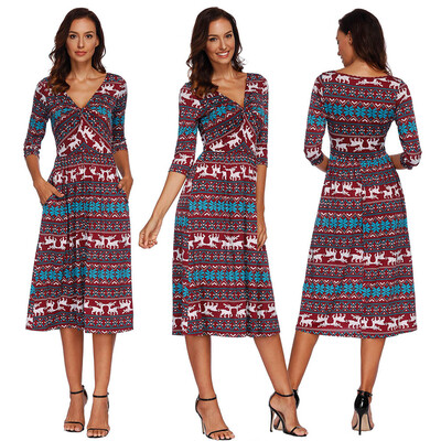 

Gobestart Christmas Womens Autumn 34 Flare Sleeves Print Dress Bandage V-Neck Sexy Dress