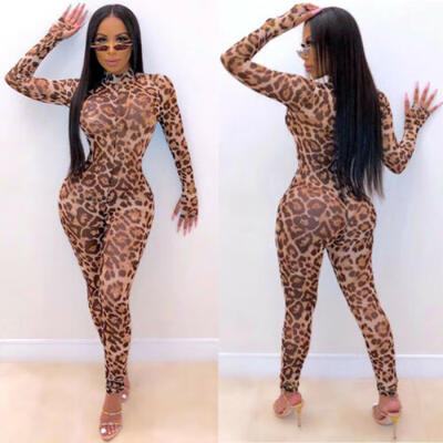 

Women Long Sleeve Leopard Mesh Clubwear Party Playsuit Casual Jumpsuit Romper UK